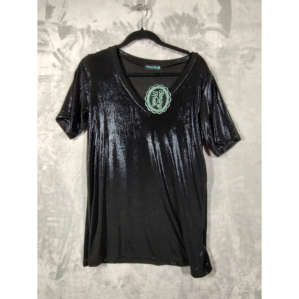 Sterling Kreek Womens Black Metallic Shimmer V-Neck Short Sleeve Top Size M NEW